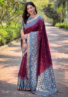 Brown Zari Woven Soft Silk Saree Set