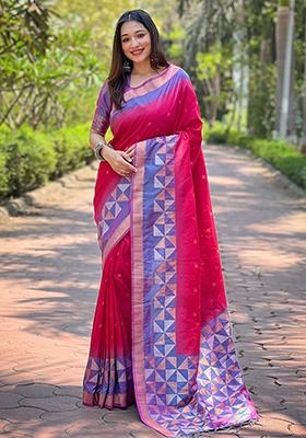 Pink Zari Woven Soft Silk Saree Set