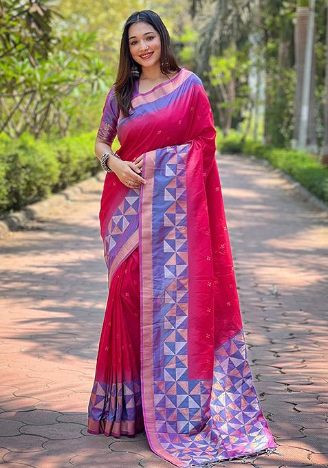 Pink Zari Woven Soft Silk Saree Set