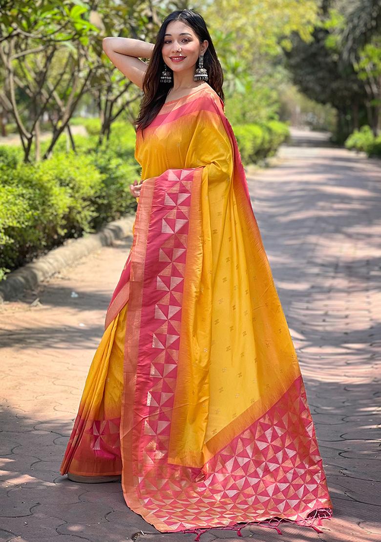 Yellow Zari Woven Soft Silk Saree Set