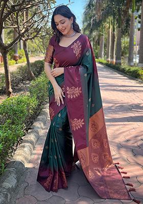 Bottle Green Zari Woven Soft Silk Saree Set