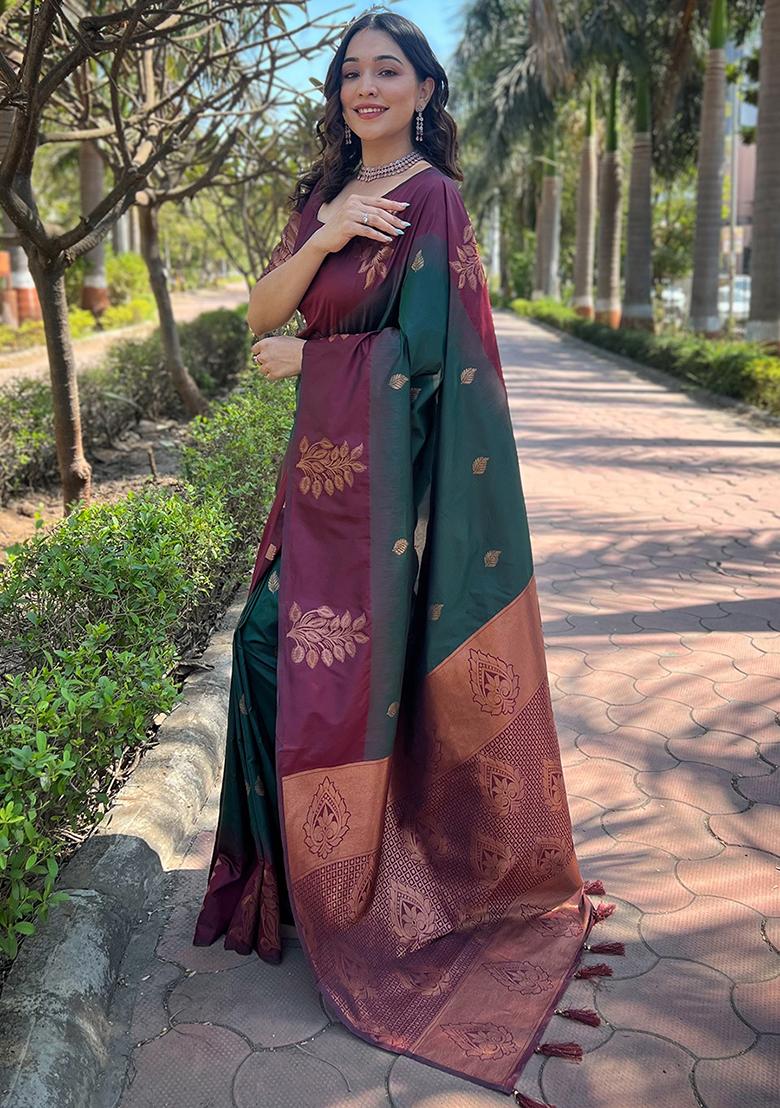 Bottle Green Zari Woven Soft Silk Saree Set