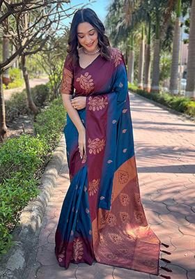 Blue Zari Woven Soft Silk Saree Set