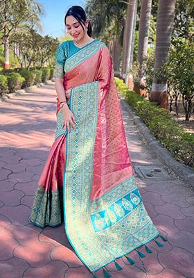 Pink Zari Woven Pure Tissue Saree Set