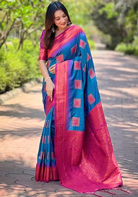 Blue Zari Woven Soft Silk Saree Set