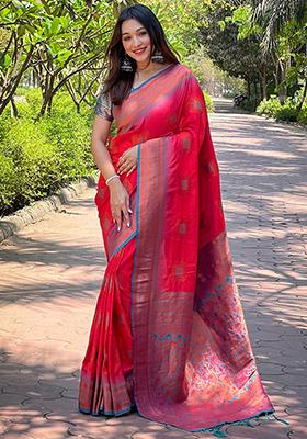 Pink Zari Woven Soft Silk Saree Set