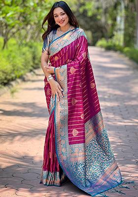 Magenta Zari Woven Soft Silk Saree Set