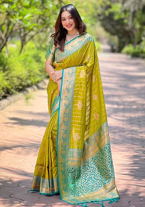 Mehendi Zari Woven Soft Silk Saree Set