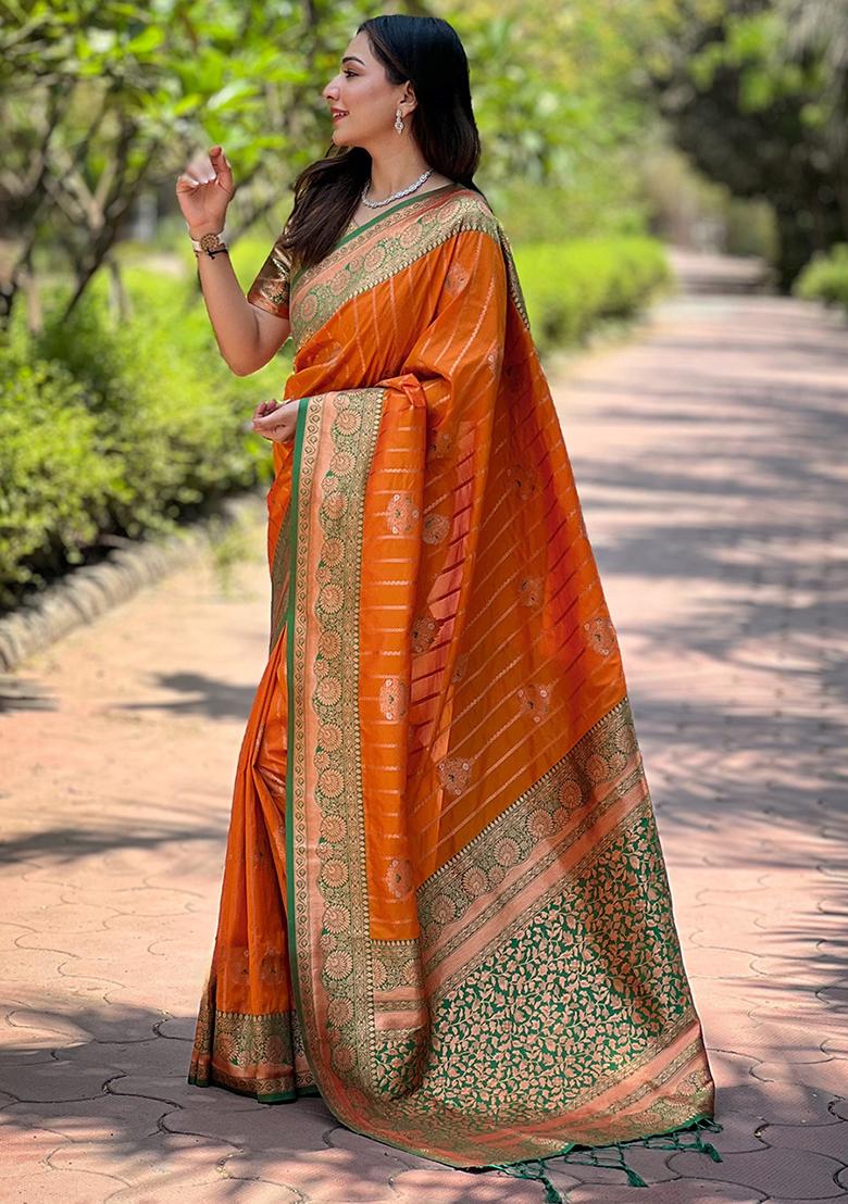 Orange Zari Woven Soft Silk Saree Set