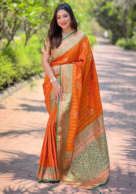 Orange Zari Woven Soft Silk Saree Set
