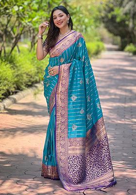 Rama Blue Zari Woven Soft Silk Saree Set