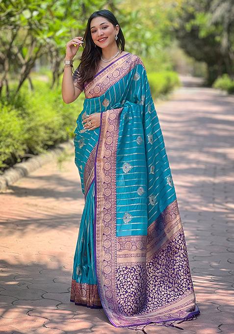 Rama Blue Zari Woven Soft Silk Saree Set