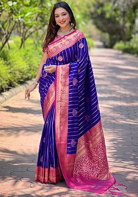 Violet Zari Woven Soft Silk Saree Set