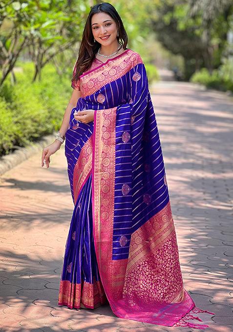 Violet Zari Woven Soft Silk Saree Set