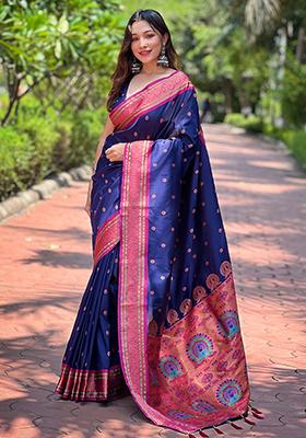 Navy Blue Zari Woven Paithani Silk Saree Set
