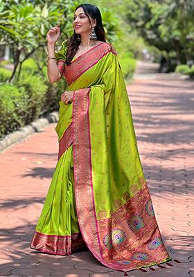 Pista Green Zari Woven Paithani Silk Saree Set