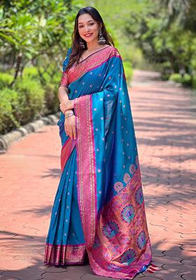 Rama Blue Zari Woven Paithani Silk Saree Set