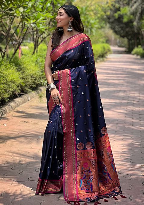 Navy Blue Zari Woven Paithani Silk Saree Set