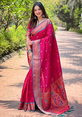 Pink Zari Woven Paithani Silk Saree Set