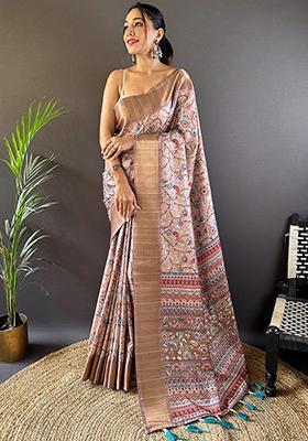 Baby Pink Printed Assam Silk Kalamkari Saree Set