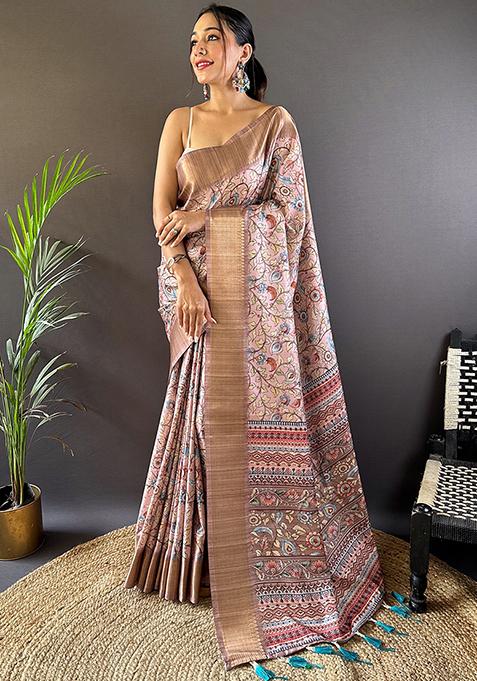 Baby Pink Printed Assam Silk Kalamkari Saree Set