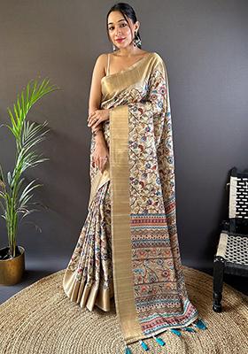 Chiku Brown Printed Assam Silk Kalamkari Saree Set