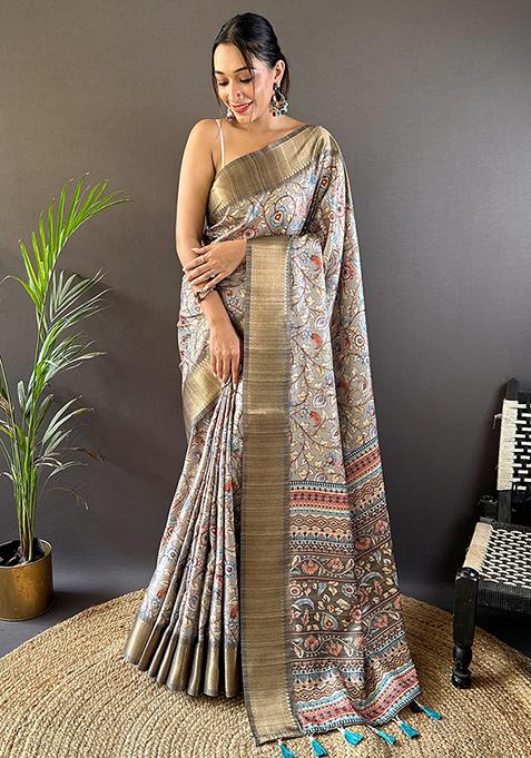 Grey Printed Assam Silk Kalamkari Saree Set