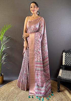 Lavender Printed Assam Silk Kalamkari Saree Set