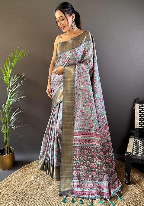 Sky Blue Printed Assam Silk Kalamkari Saree Set