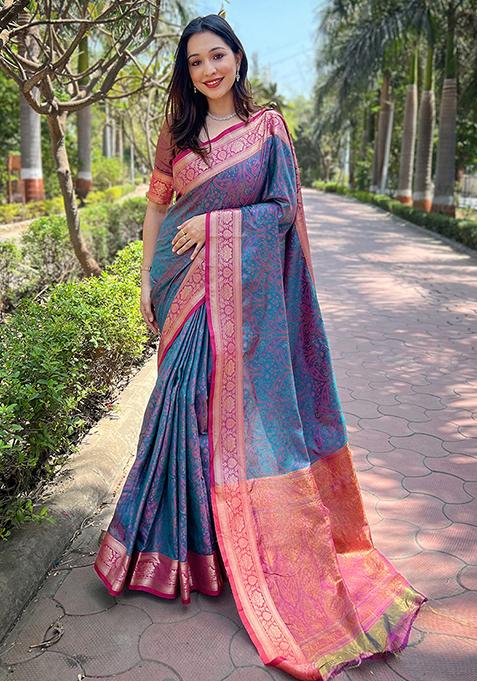 Blue Zari Woven Soft Kashmiri Silk Saree Set