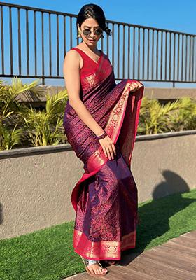 Violet Zari Woven Soft Kashmiri Silk Saree Set