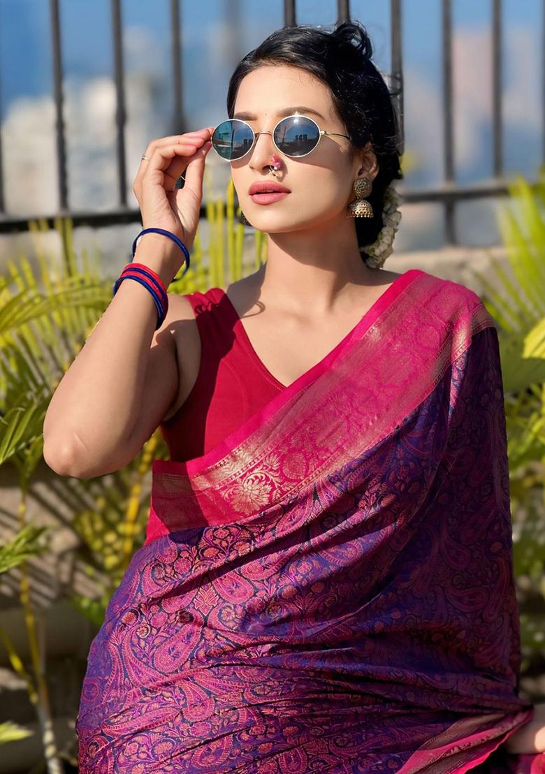 Violet Zari Woven Soft Kashmiri Silk Saree Set