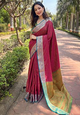 Pink Zari Woven Soft Kashmiri Silk Saree Set