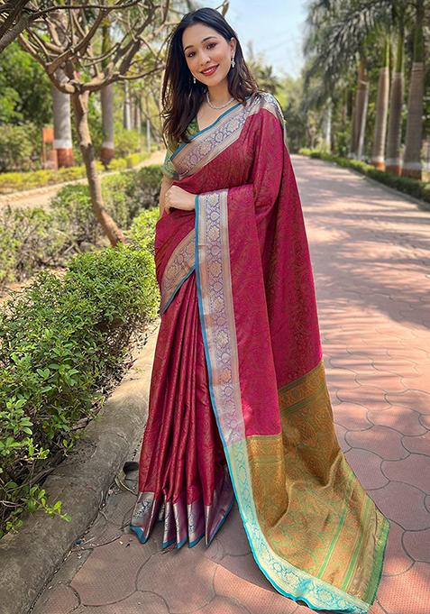 Pink Zari Woven Soft Kashmiri Silk Saree Set