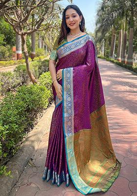Purple Zari Woven Soft Kashmiri Silk Saree Set