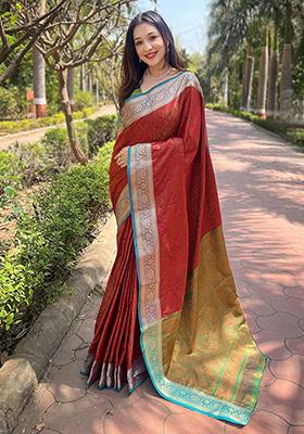 Red Zari Woven Soft Kashmiri Silk Saree Set