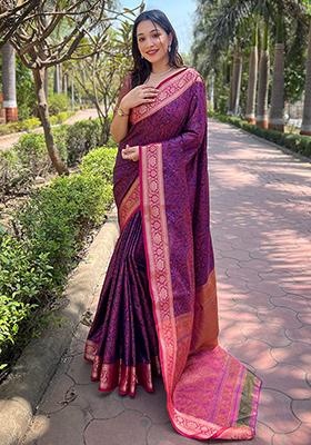 Violet Zari Woven Soft Kashmiri Silk Saree Set