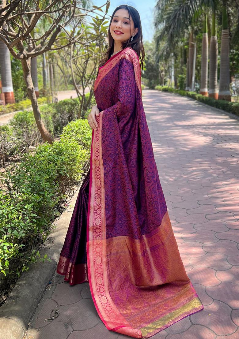 Violet Zari Woven Soft Kashmiri Silk Saree Set