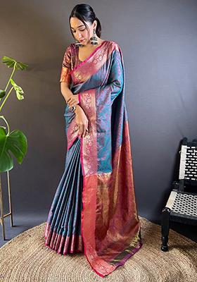 Blue Zari Woven Soft Kashmiri Silk Saree Set