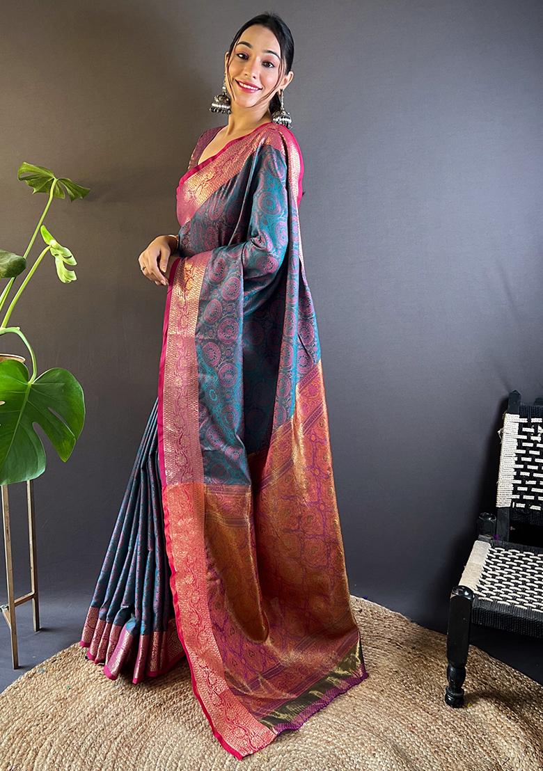 Blue Zari Woven Soft Kashmiri Silk Saree Set