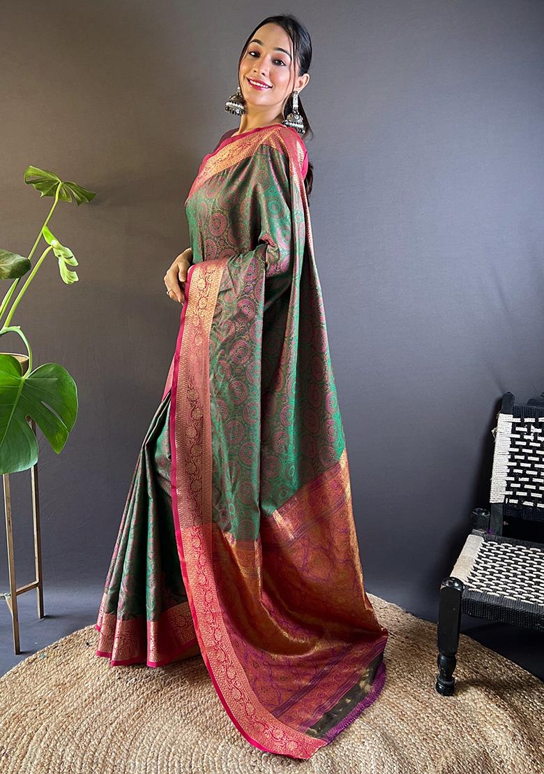 Green Zari Woven Soft Kashmiri Silk Saree Set