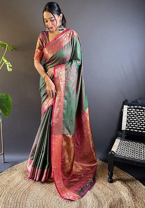 Green Zari Woven Soft Kashmiri Silk Saree Set