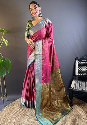 Pink Zari Woven Soft Kashmiri Silk Saree Set