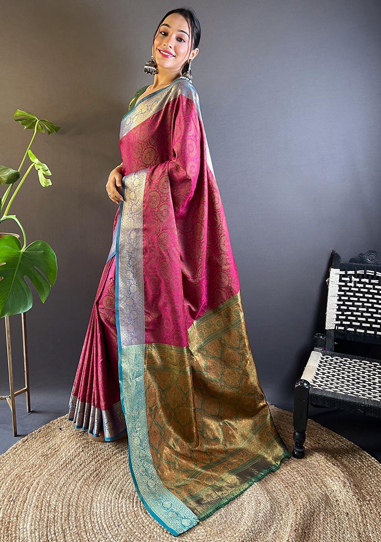 Pink Zari Woven Soft Kashmiri Silk Saree Set