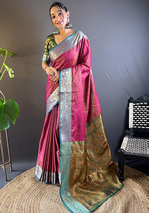 Pink Zari Woven Soft Kashmiri Silk Saree Set
