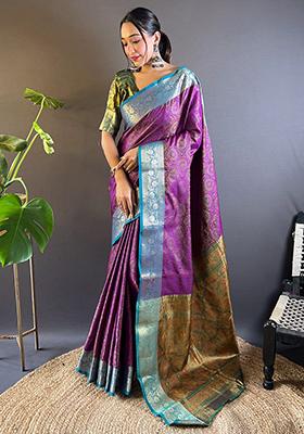 Purple Zari Woven Soft Kashmiri Silk Saree Set
