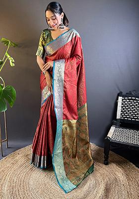 Red Zari Woven Soft Kashmiri Silk Saree Set