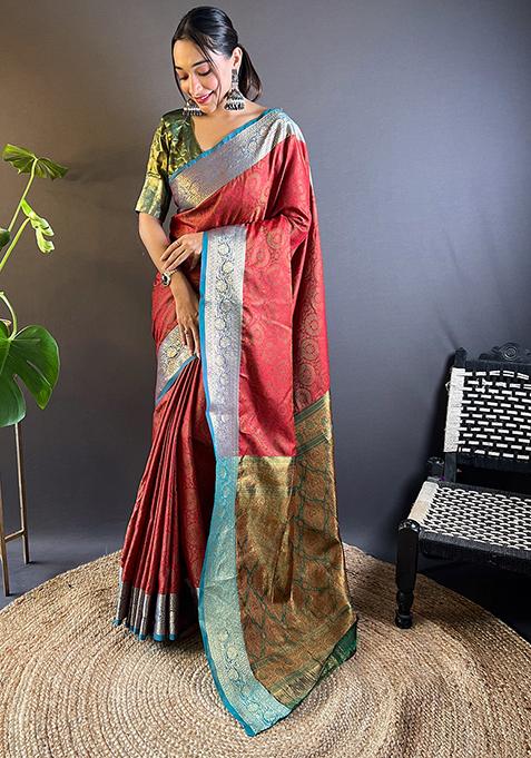 Red Zari Woven Soft Kashmiri Silk Saree Set