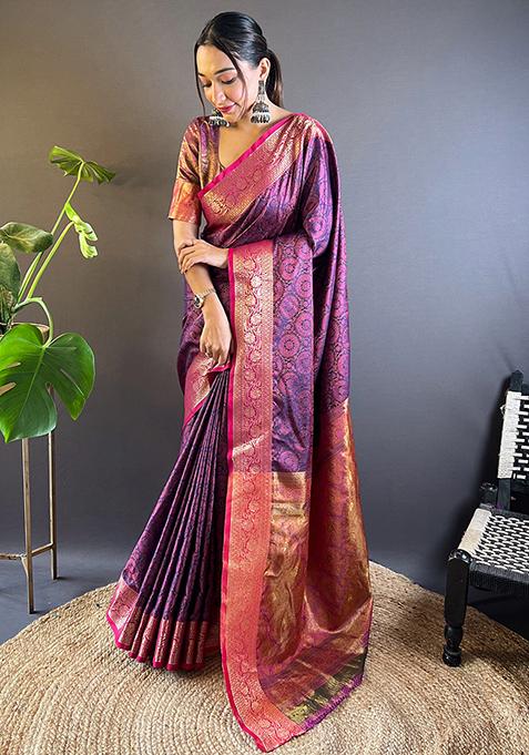 Violet Zari Woven Soft Kashmiri Silk Saree Set