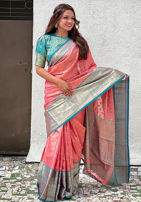 Peach Zari Woven Kanchipuram Pattu Silk Saree Set